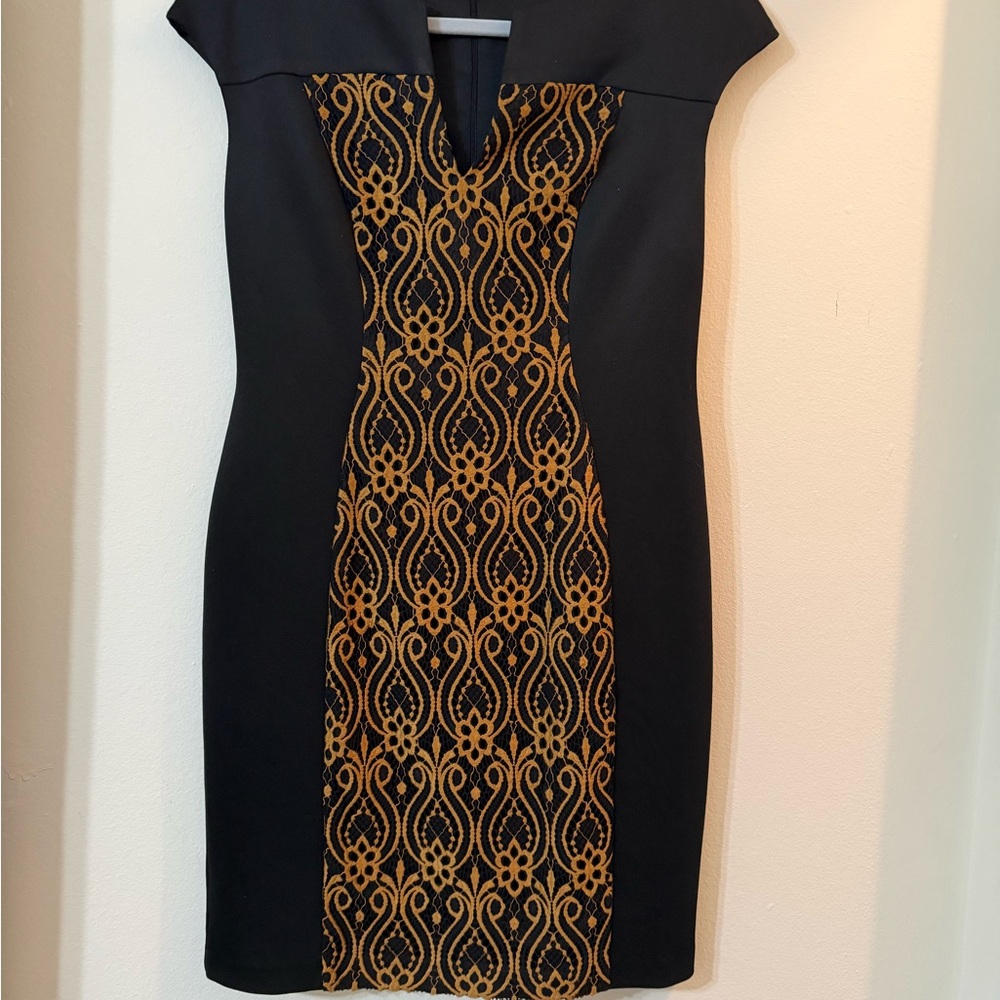 Connected Apparel Black and Gold Mini Dress